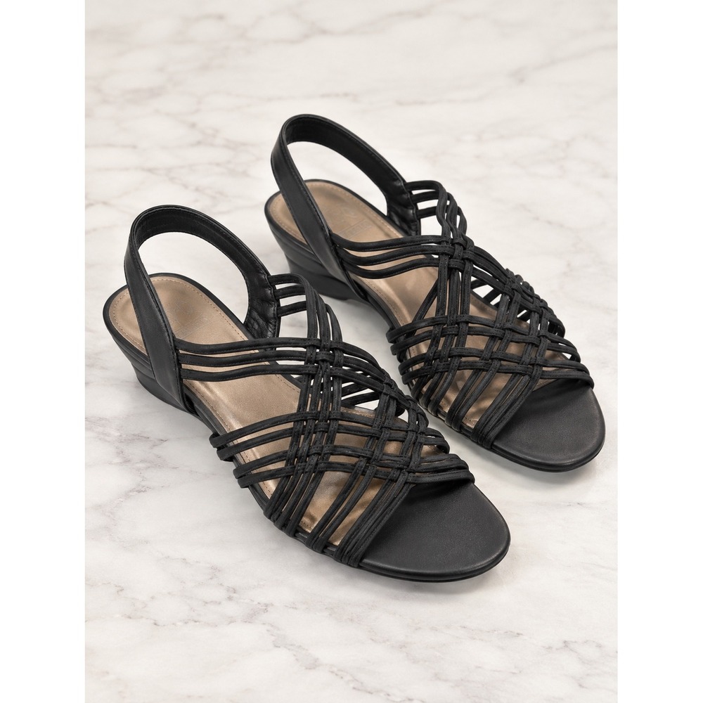 Impo Stretch Reece Black Strappy Caged Low Wedge Sandals Women's 9M